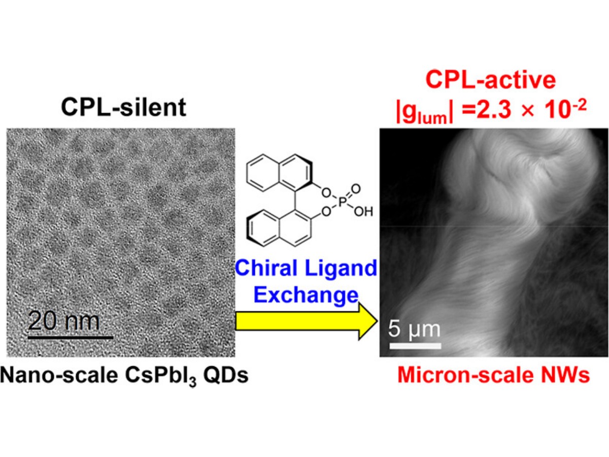 TOC image from Haochen Liu's paper on helical perovskite nanowires assembled from red-emitting quantum dots